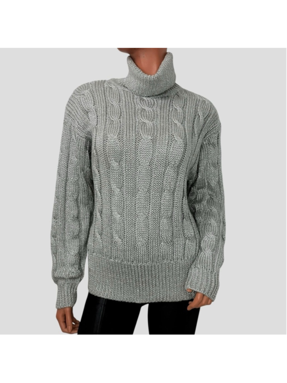 VTG 90s Liz Claiborne M Metallic Silver Maximalist Cable Knit Lustrous Sweater
